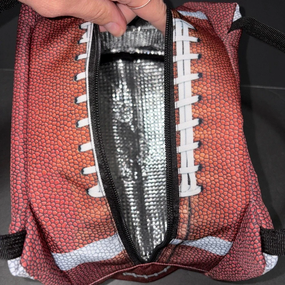 Football Print Insulated Lunch Bag Brown Sports Tailgate Cooler Zippered Case